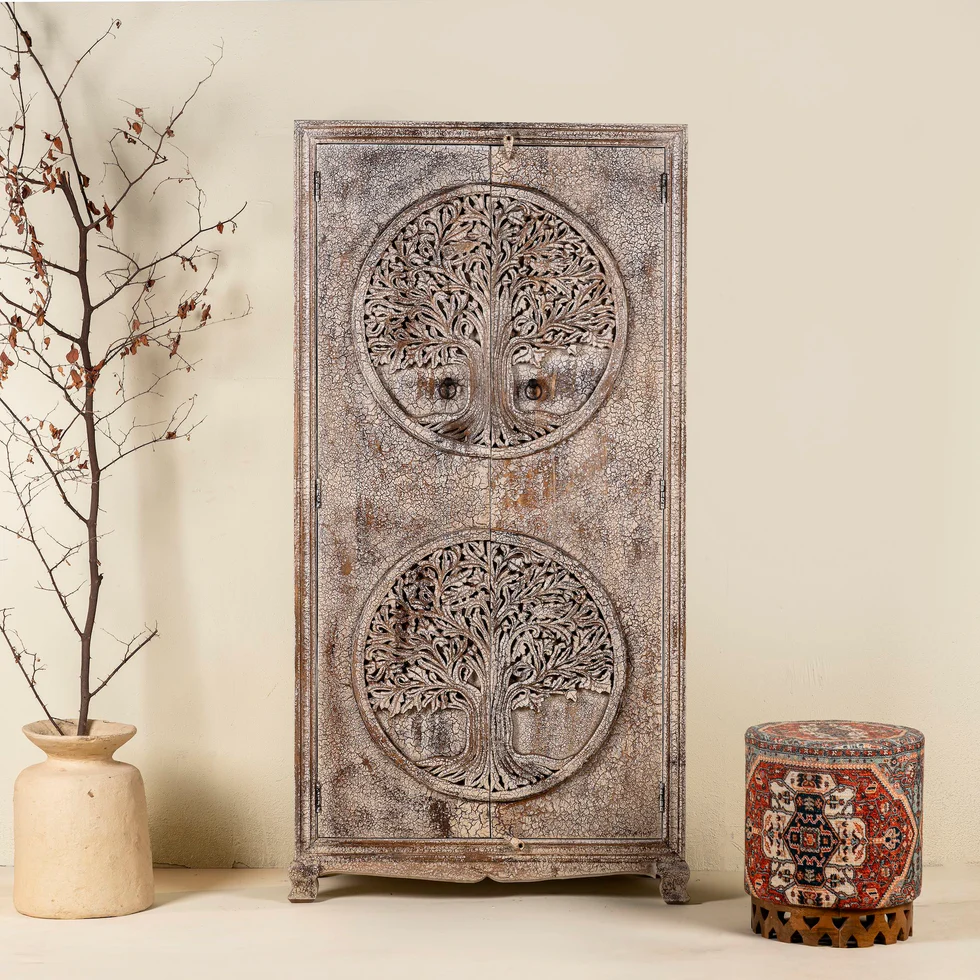 316_9ac59783-a028-44b3-9f0b-b16984648fee The Gileteen Hand Carved Mango Wood Wardrobe Tree of Life Design 180cm - Image 1
