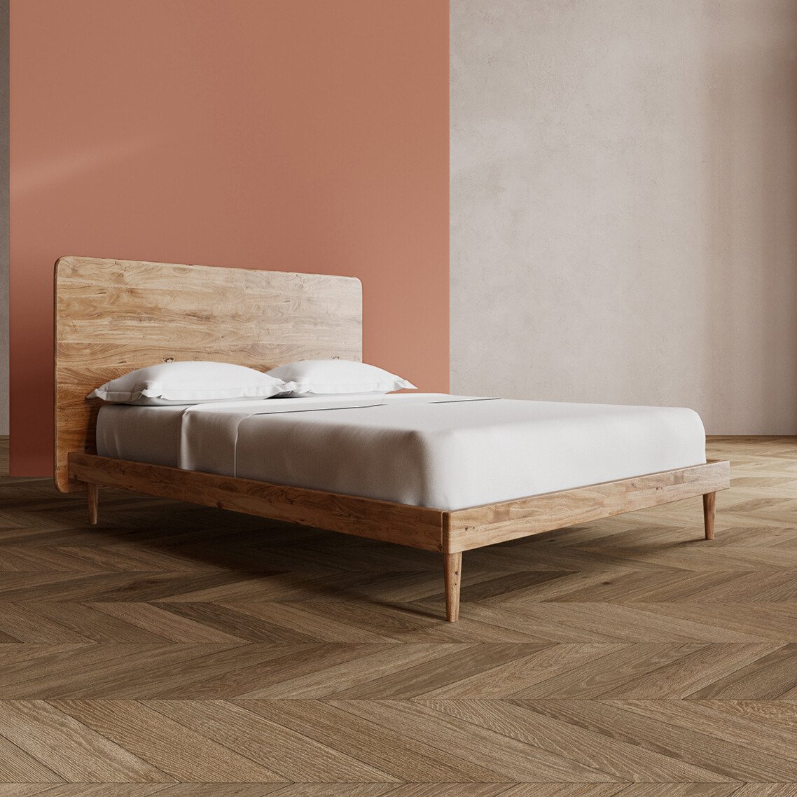 Southwark King Size Bed Frame in dark brown acacia wood with curved headboard and slim frame