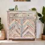 Herringbone Collection Cabinet in Rustic Finish with geometric herringbone pattern and warm wood tones