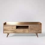 Fresco TV Stand in natural oak-stained mango wood with brass accents and tapered legs