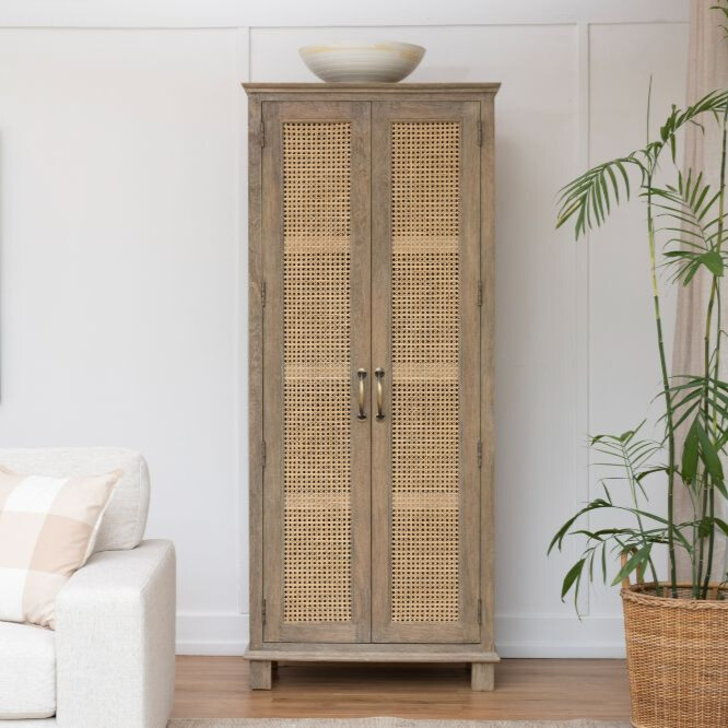 Gileteen Cane Cabinet with wooden frame and woven cane panels for stylish storage
