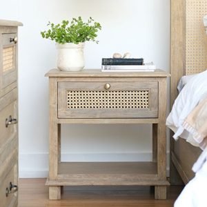 Gileteen Rattan Night Stand with handwoven rattan panels and a solid wood frame, featuring a drawer and open shelf.