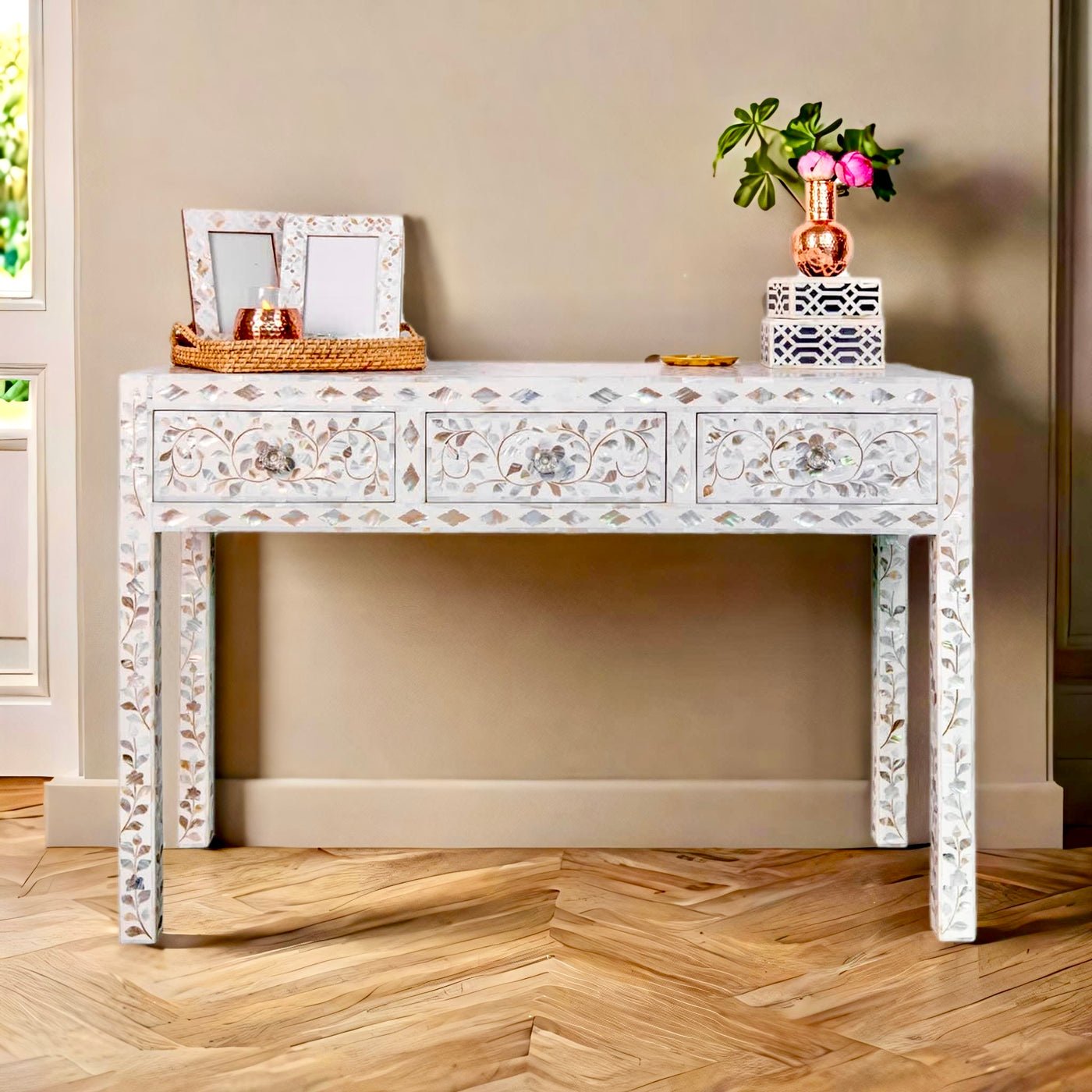 Mother of Pearl Desk from Floret Collection with floral inlay and modern silhouette