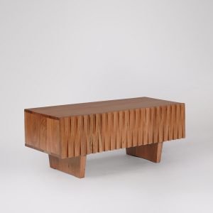 Finchley Media Unit in natural wood finish with soft-close drawers and metal legs