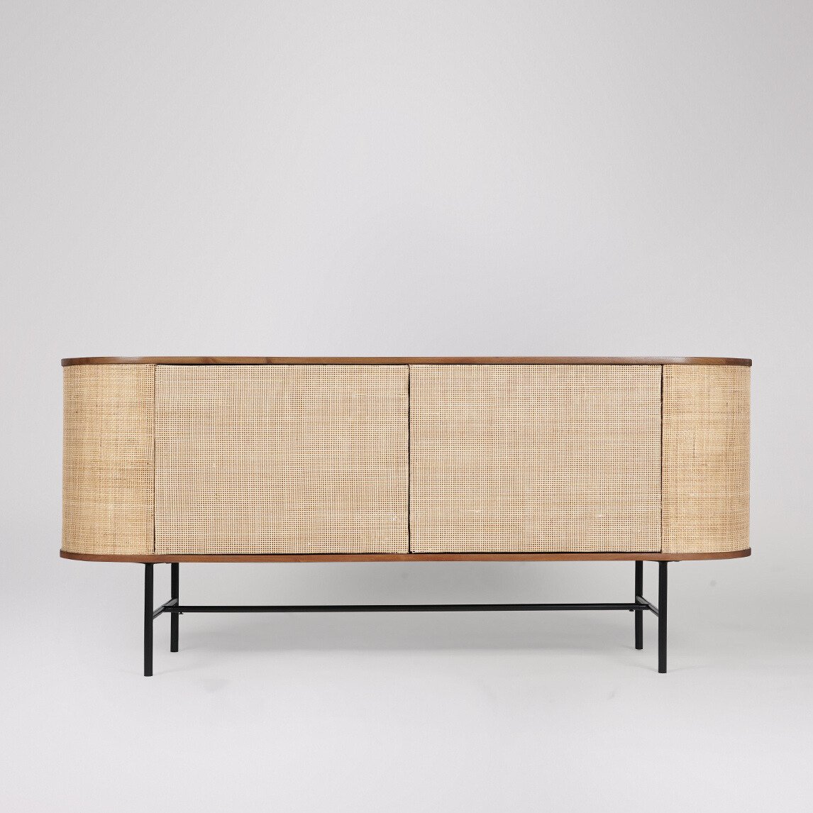 Moro Sideboard in dark brown acacia wood with natural rattan panels and matt black legs