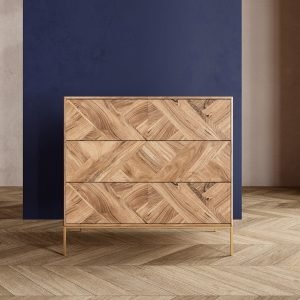 Norrebro Three-Drawer Chest of Drawers in natural oak-stained mango wood with brass legs