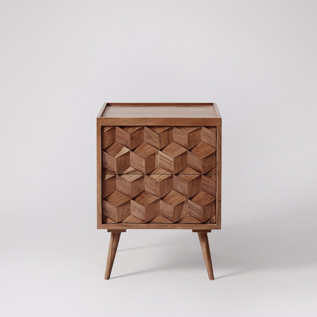 Terning Bedside Table – Bold Geometric Style and Functional Storage Terning Bedside Table with checkered drawer front design and tapered legs