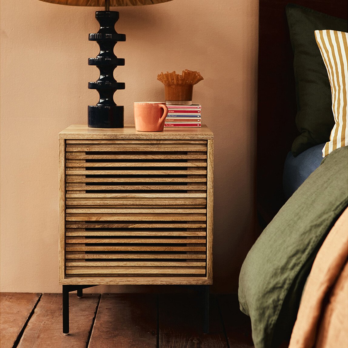 Weaving Bedside Table with handwoven rattan drawer front and tapered legs