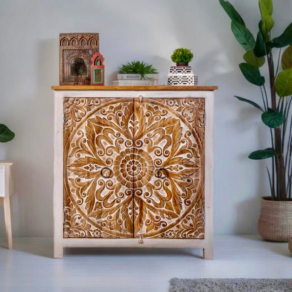 Aster Handcarved Cabinet in Distress Finish with detailed carvings and rustic charm