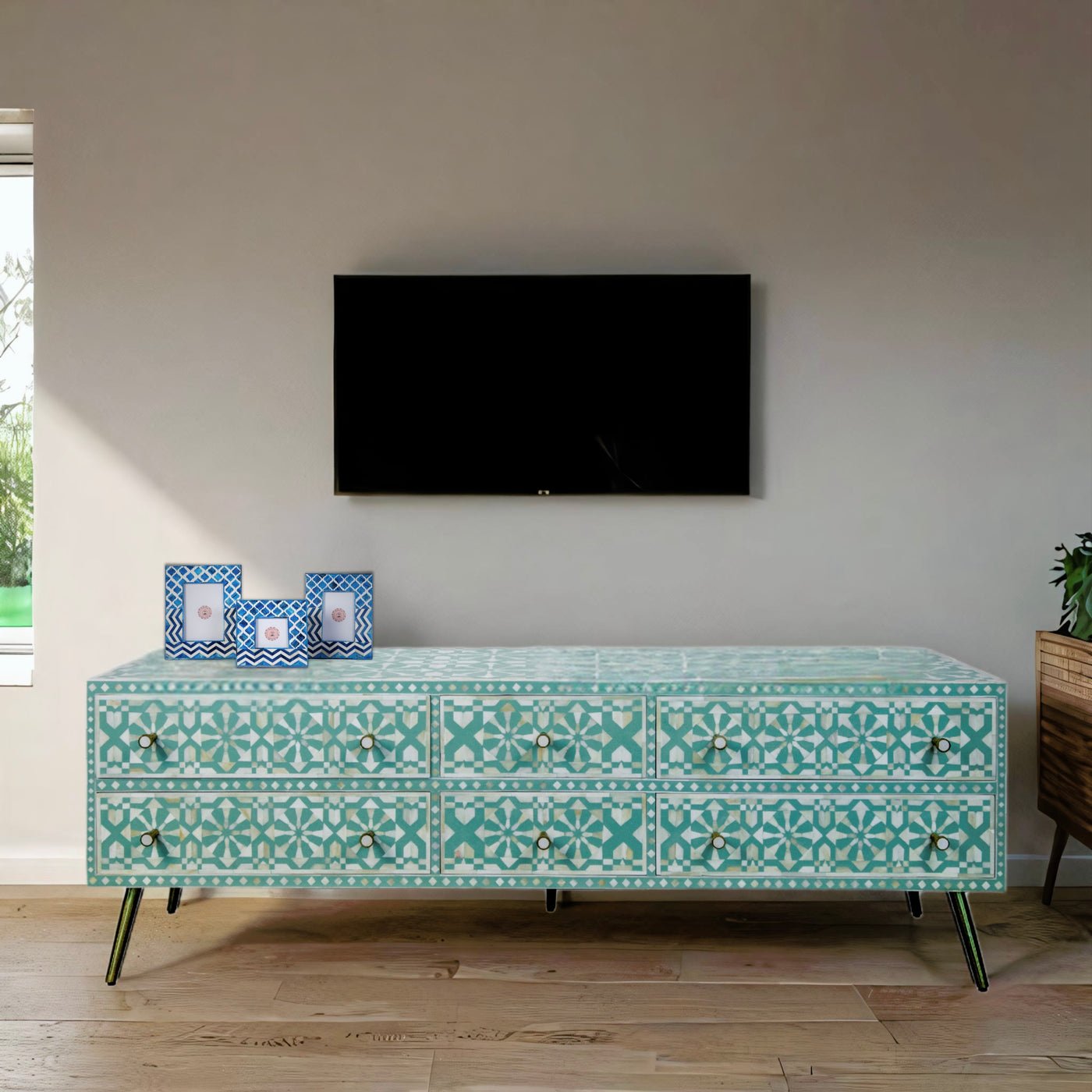Moroccan Wood Inlay and Resin Six Drawer Media Unit with intricate patterns and rich wood tones