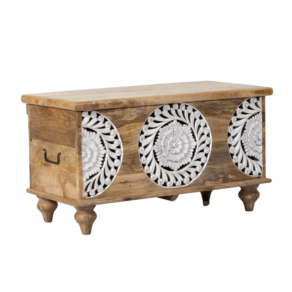 Keepsake Hand Carved Trunk in Rustic Finish with intricate carvings and natural wood grain