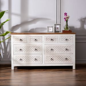 Sculpted Heartwood Handcarved Chest of Drawer made from solid wood with intricate detailing and a white finish