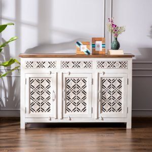 Bouquet Handcarved Chest of Drawer made from solid wood with floral detailing and a white finish