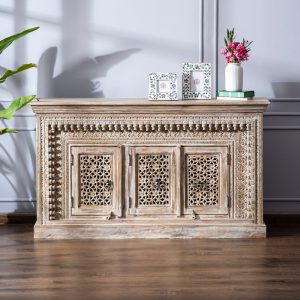 Maharani Handcarved Three Door Buffet crafted from solid wood with intricate handcarved details