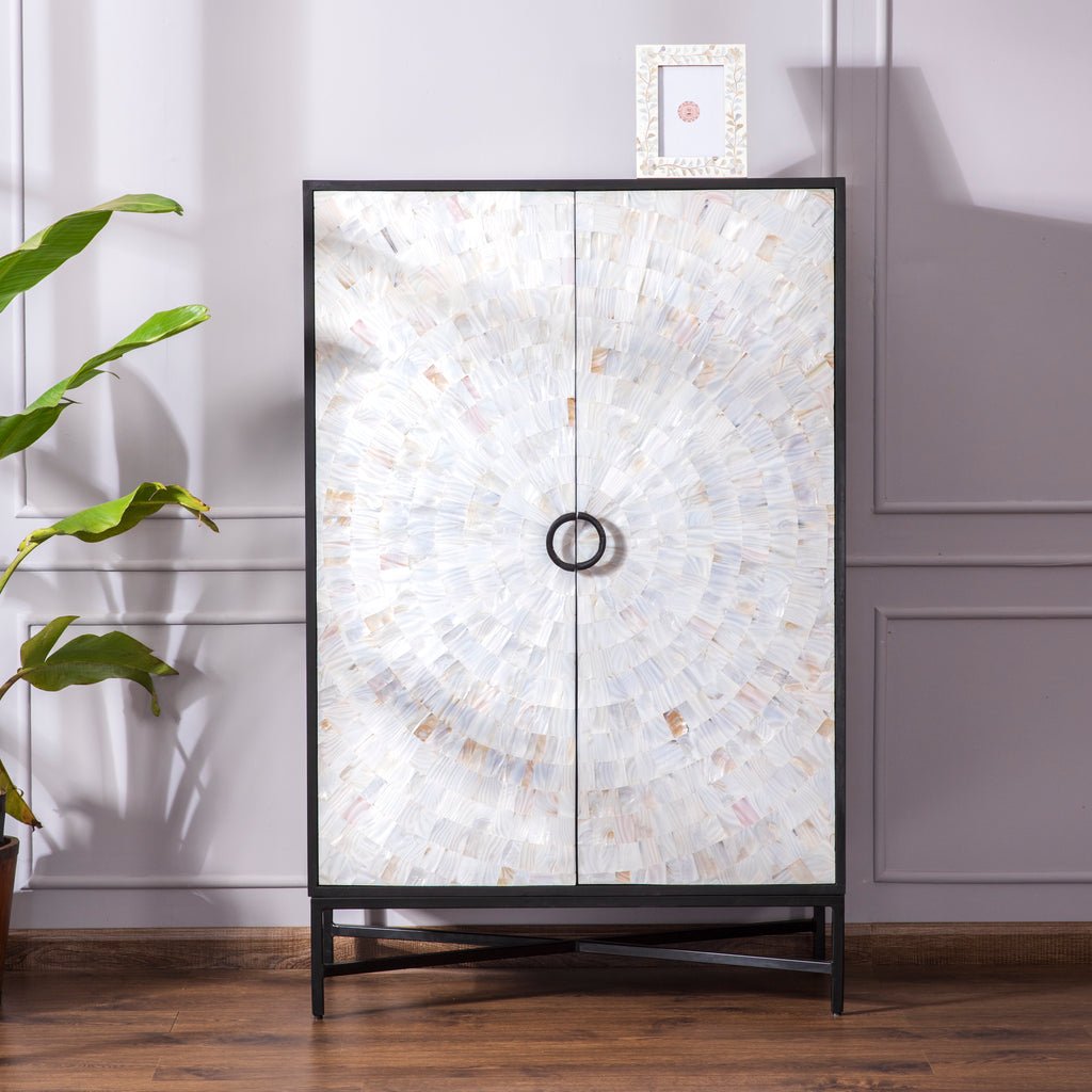 Celestial Charm Pattern Mother of Pearl Inlay Bar Cabinet Bar cabinet with celestial pattern Mother of Pearl inlay on a Midnight Black finish.