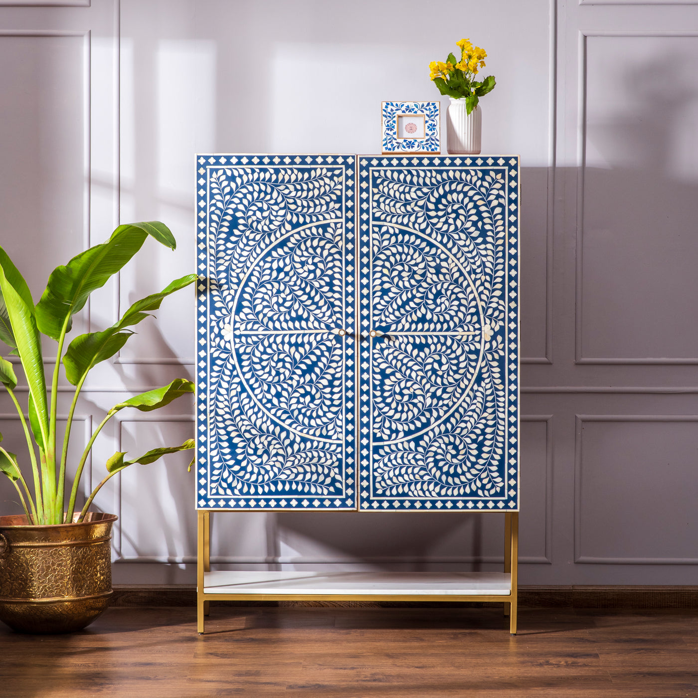 Zara Bone Inlay Wine Cabinet with intricate bone patterns and ample storage