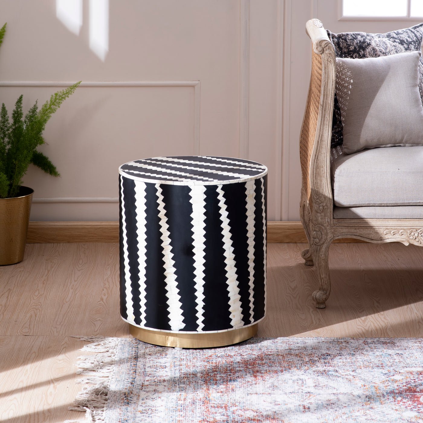 Night's Young Bone Inlay Stool made from solid wood with intricate floral and geometric bone inlay patterns