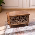 Precious Trove Handcarved Trunk made from solid wood with intricate detailing and a rustic finish