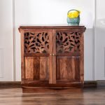 Palma Abstract Solid Wood Bar Cabinet with artistic carved pattern and ample storage for bottles and glassware
