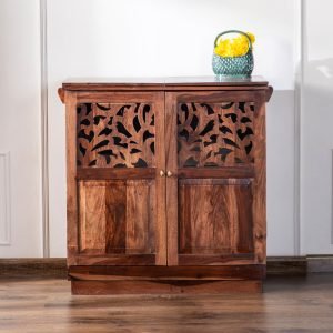 Palma Abstract Solid Wood Bar Cabinet with artistic carved pattern and ample storage for bottles and glassware