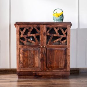 Palma Abstract Solid Wood Bar Cabinet with artistic carved pattern and ample storage for bottles and glassware
