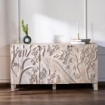 Peacock Solid Wood Buffet with hand-carved peacock feather patterns and rich wood tones
