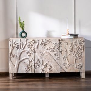 Peacock Solid Wood Buffet with hand-carved peacock feather patterns and rich wood tones
