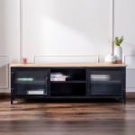 Enigma TV unit with powder-coated metal frame and fluted glass doors.