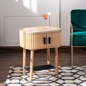 Solid wood side table with sliding shutter design and concealed storage.