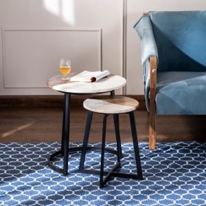 Solulu Rustic and Marble Nesting Table set with a rustic wood top and marble surface on black metal legs