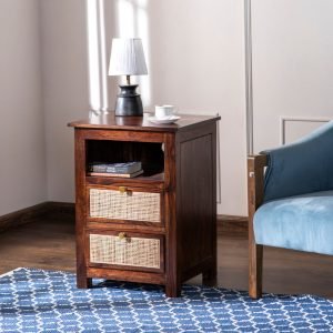 Mila Rattan Bedside – solid wood with handwoven rattan accents and spacious storage drawer