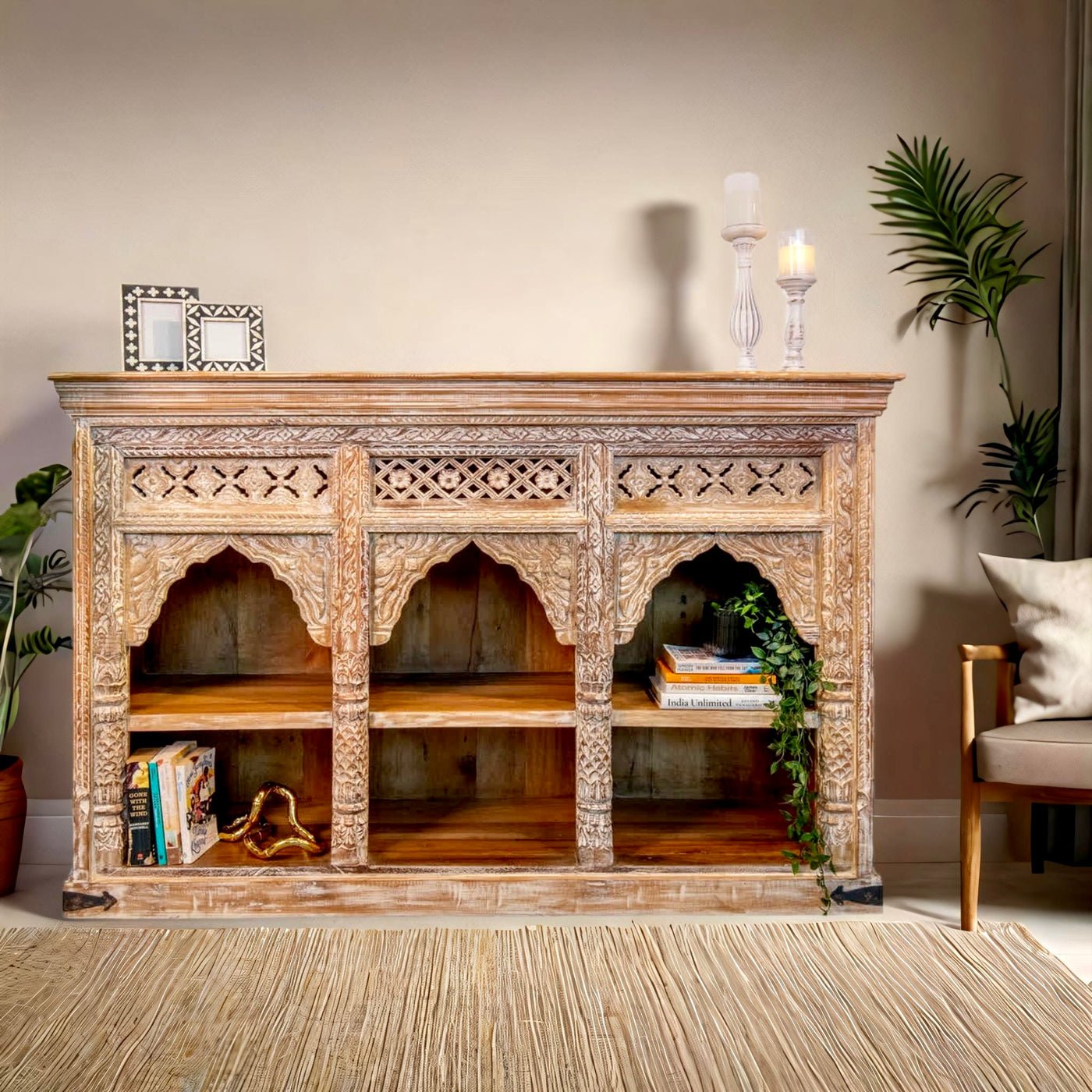 Jaipur Solid Wood Display Sideboard with carved detailing and glass-paneled doors