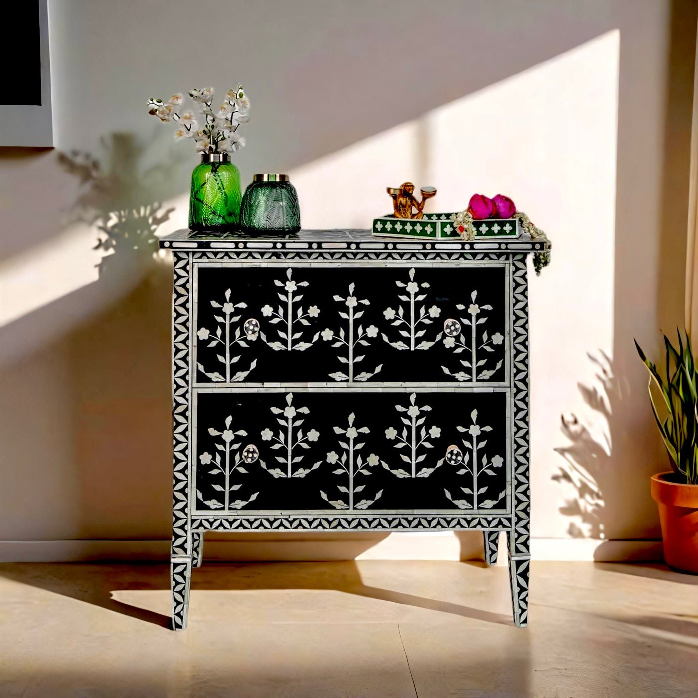 Amaryllis Bone Inlay and Two Drawer Buffet with floral inlay patterns and smooth finish