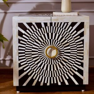 Ivory Elegance Bone Inlay Small Cabinet with floral and geometric patterns on a solid wood frame