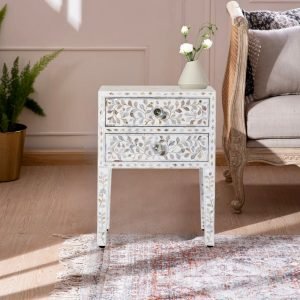 Mother of Pearl Inlay White Side Table with intricate patterns and white finish