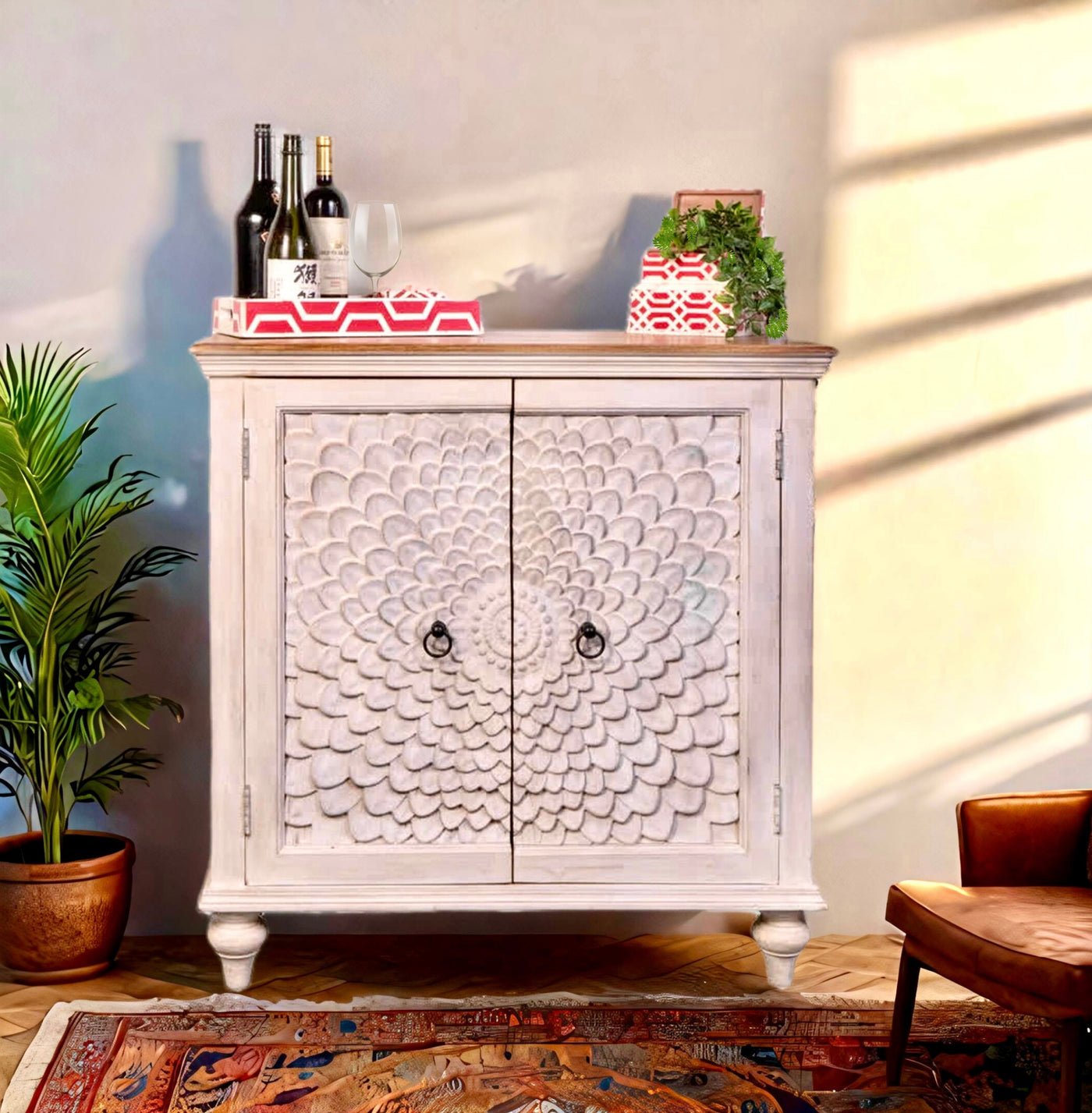 Veneu Handcarved Cabinet in Distress Finish with detailed carvings and rustic appeal