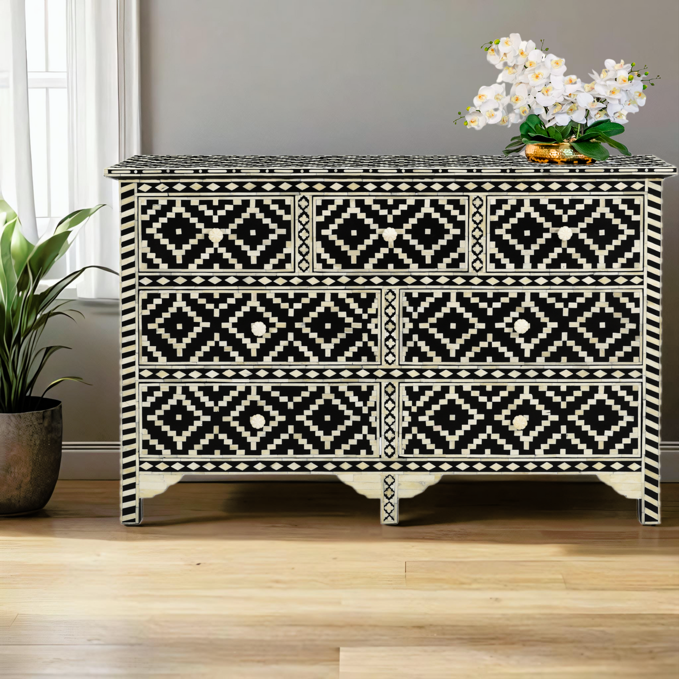Alex Bone Inlay and Seven Drawer Chest of Drawers with geometric pattern and smooth finish