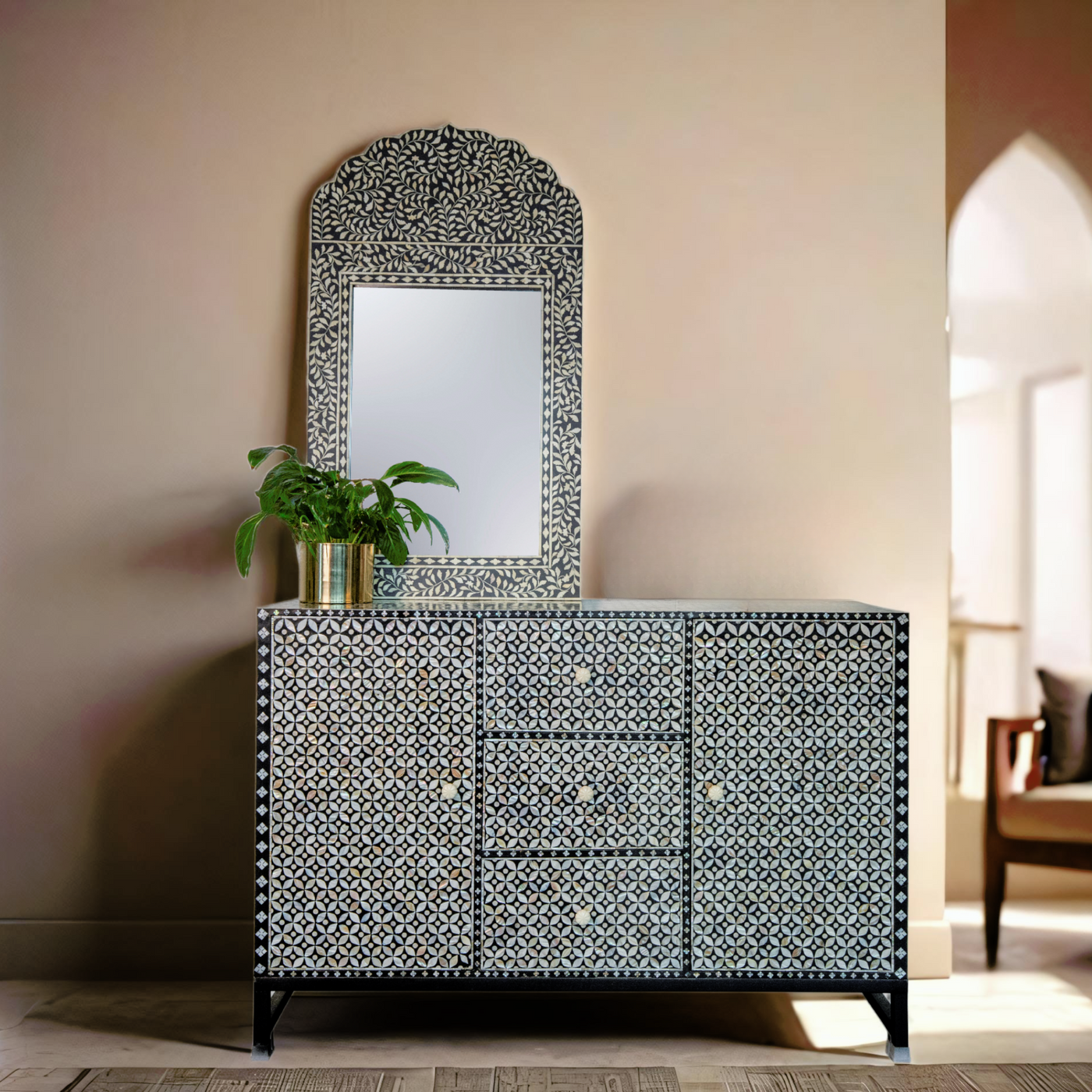 Royal Geo Pattern Inlay and European Standard Size Sideboard with geometric design and soft-close doors