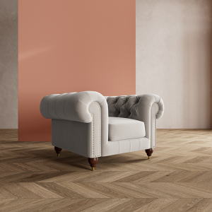 Winston Armchair with tufted backrest, rolled armrests, and linen-blend upholstery