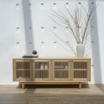 Gileteen Rattan TV Console with handwoven rattan panels and wooden finish