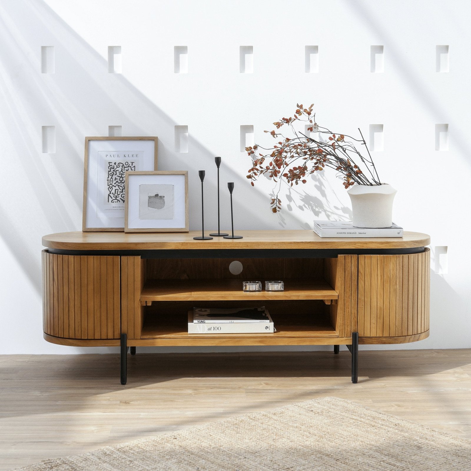 Gileteen Wood TV Unit with a sleek wood finish and ample storage space