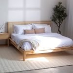 Gileteen Japanese Joinery Rattan Natural Wood Bed with handwoven rattan headboard and natural wood finish