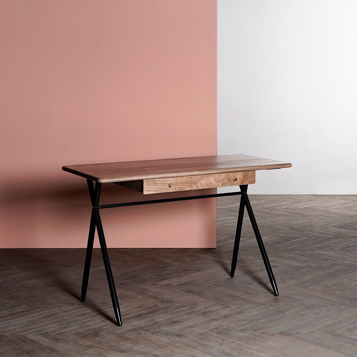 Dryden Desk in Light Brown – Modern Design with Natural Warmth Dryden Desk in Light Brown with two soft-close drawers and tapered legs