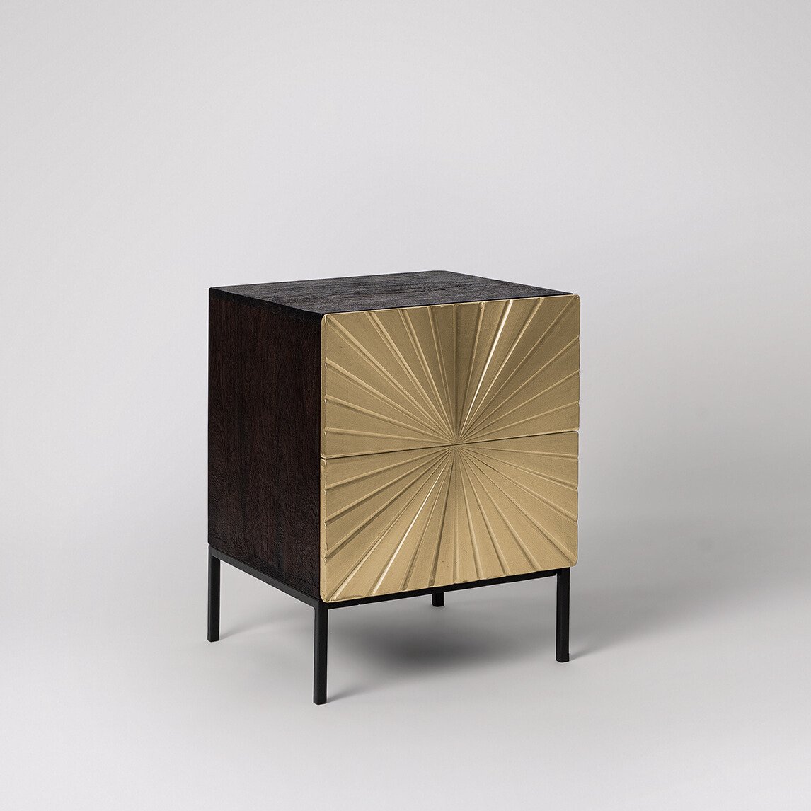 Ziggy Bedside Table with geometric design, two soft-close drawers, and tapered legs