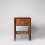 Shale Bedside Table with two soft-close drawers, sleek metal handles, and tapered legs