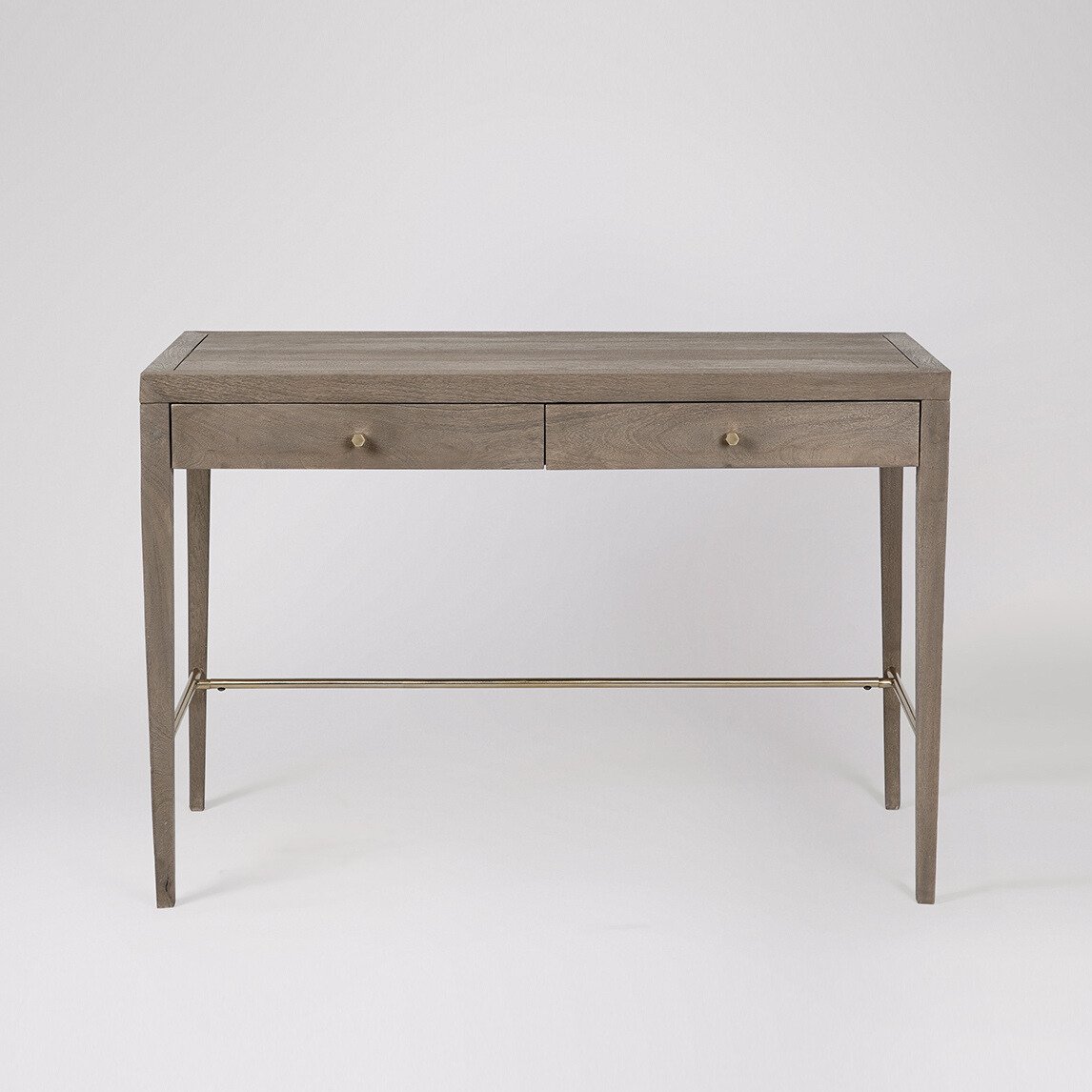 Valente Desk in sandblasted grey mango wood with hexagonal brass handles and mid-century design