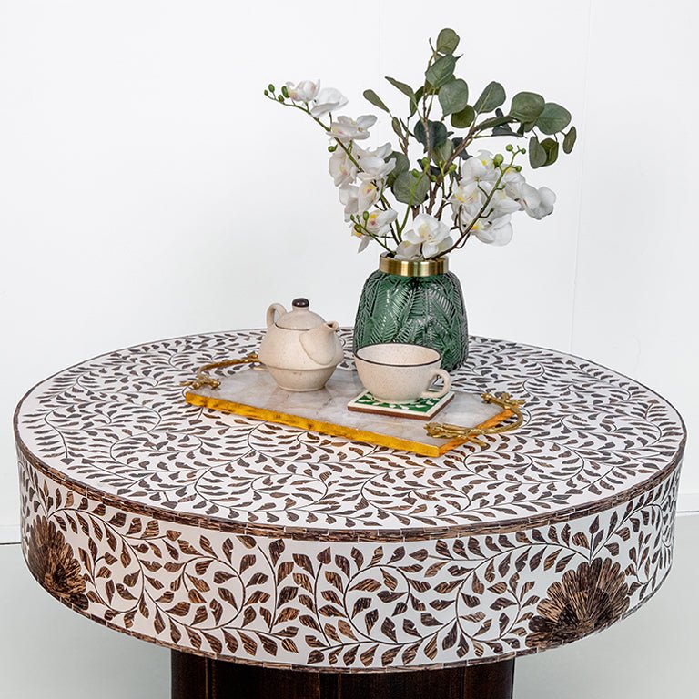 Scroll Vine Wood Inlay Coffee Table with intricate vine pattern and rich wood finish