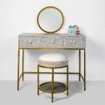 Scroll Vine Bone Inlay Dresser with matching upholstered pouf and elegant vine pattern