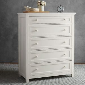 Classic White Beadboard Dresser – six-drawer white dresser with vertical panel detailing and traditional style