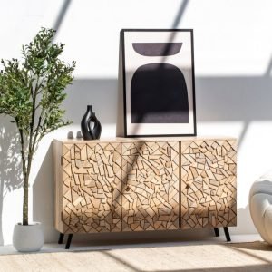 Nella Geometric Wood Mosaic Sideboard with intricate wooden patterns and ample storage compartments.